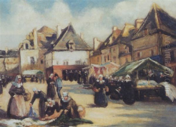 Marche Aux Etoffes Au Faouet Oil Painting by Maurice Grun