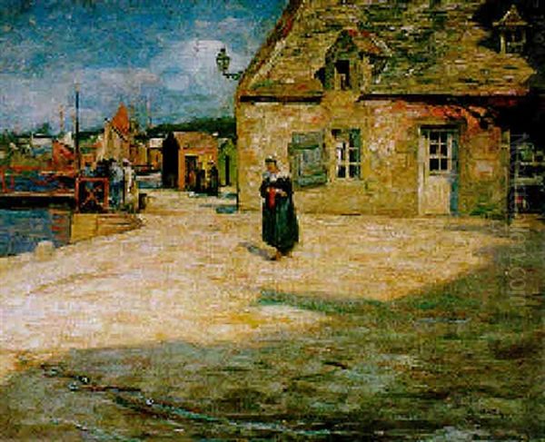 Sur Les Quais - Bretonne Pres De Sa Chaumiere Oil Painting by Maurice Grun