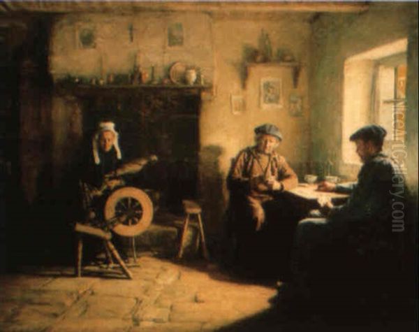 Interieur Breton Au Rouet Et Aux Joueurs De Cartes Oil Painting by Maurice Grun