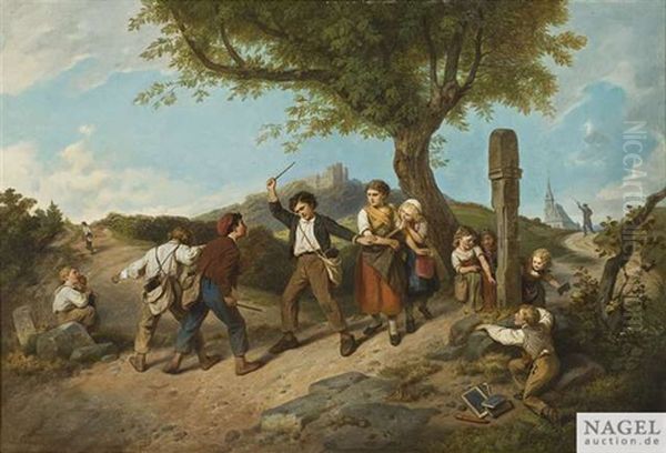 Streitende Kinder An Einem Wegzeichen Oil Painting by Johann Grund