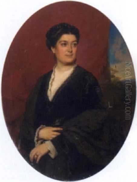 Portrait Of A Lady Wearing A Black Dress, A Landscape Beyond Oil Painting by Johann Grund