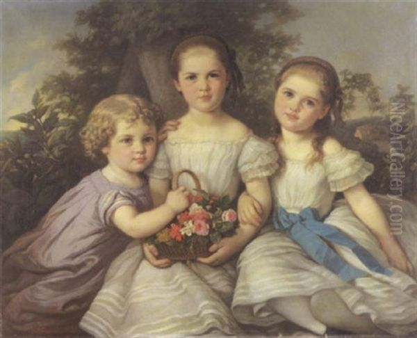 Bildnisse Dreier Kleiner Madchen In Duftigen Sommerkleidern Oil Painting by Johann Grund