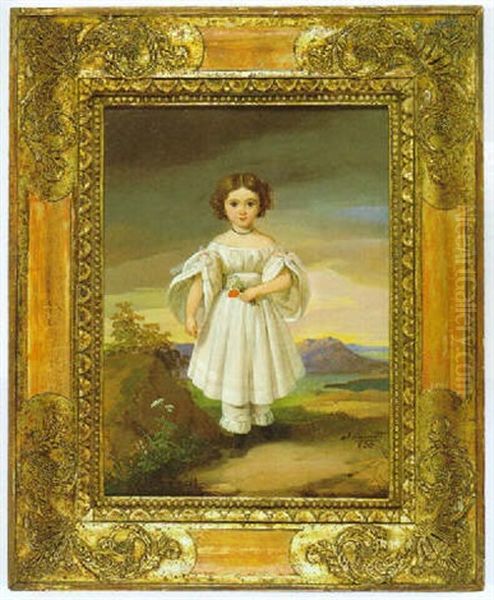 Bildnis Einer Kleinen Prinzessin Aus Baden-baden Mit Einem Straus Aus Korn- Und Mohnbluten In Einer Landschaft Oil Painting by Johann Grund