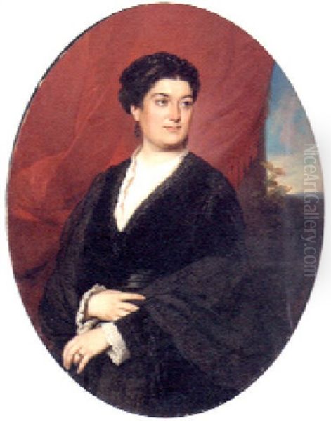 Portrait Of A Lady, Wearing A Black Dress, A Landscape Beyond Oil Painting by Johann Grund