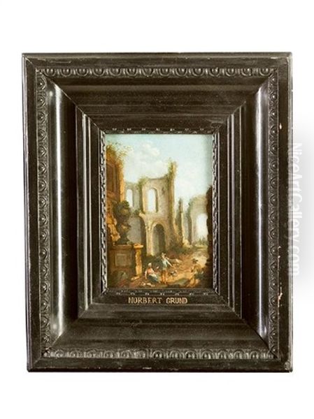 Landscape With Classical Monuments And Peasants By A Vase Oil Painting by Norbert Joseph Carl Grund