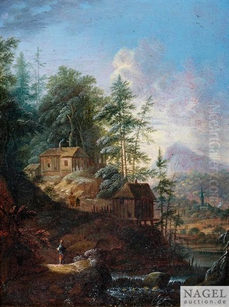 Flusslandschaft Mit Architektur Und Figurenstaffage Oil Painting by Norbert Joseph Carl Grund