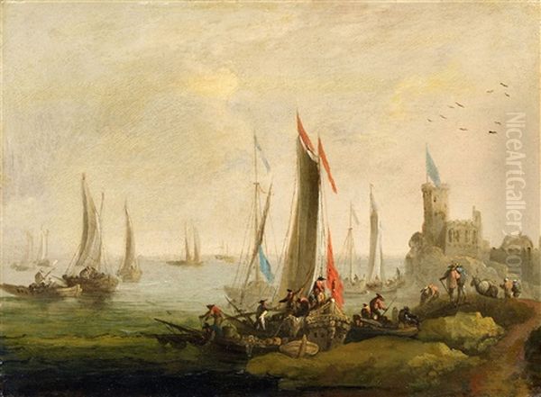 Sailing Ships Landing Beneath A Fortress Oil Painting by Norbert Joseph Carl Grund