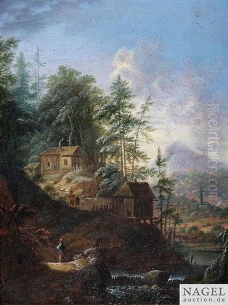 Flusslandschaft Mit Architektur Und Figurenstaffage Oil Painting by Norbert Joseph Carl Grund