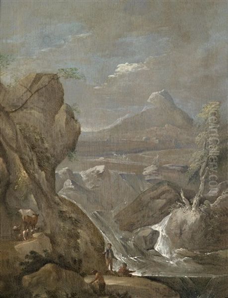 Gebirgslandschaft Mit Wasserfall Und Rastenden Hirten Oil Painting by Norbert Joseph Carl Grund