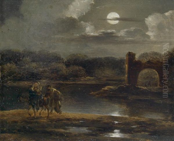 Nachtliche Landschaft Mit Der Heiligen Familie Auf Der Flucht Nach Agypten Oil Painting by Norbert Joseph Carl Grund