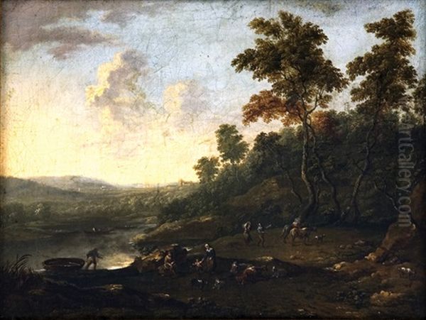 Landscape With Herdsmen By Lake Oil Painting by Norbert Joseph Carl Grund