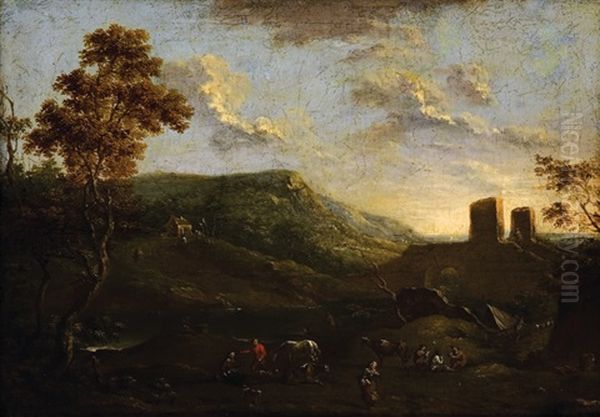 Landscape With Herdsmen And Ruin Oil Painting by Norbert Joseph Carl Grund