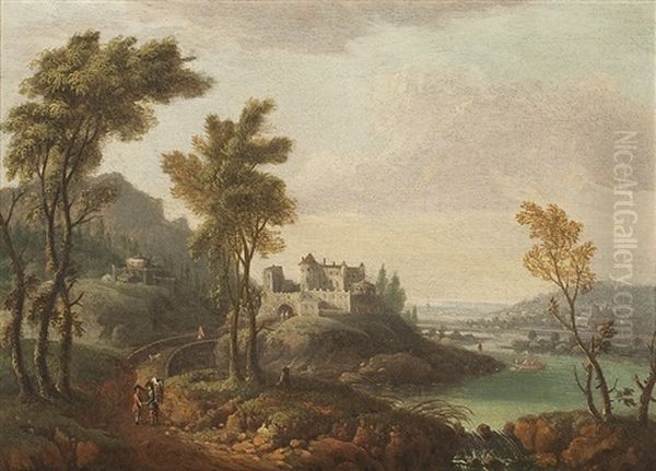 Hugelige Landschaft Mit Festungsanlage Und Personenstaffage An Nahegelegenem Fluss Oil Painting by Norbert Joseph Carl Grund