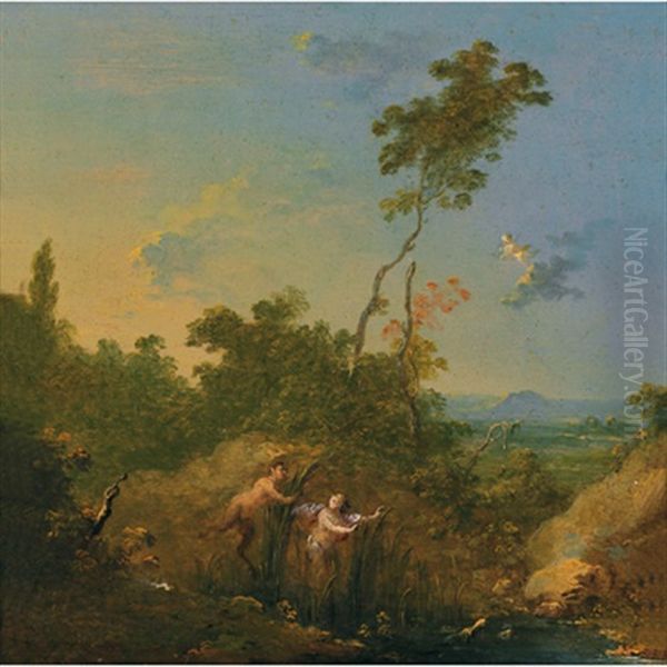 Bewaldete Landschaft Mit Pan Und Syrinx Oil Painting by Norbert Joseph Carl Grund