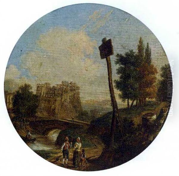 A Wooded River Landscape With Travellers On A Bridge (+ A River Landscape With Peasants On A Path; Pair) Oil Painting by Norbert Joseph Carl Grund