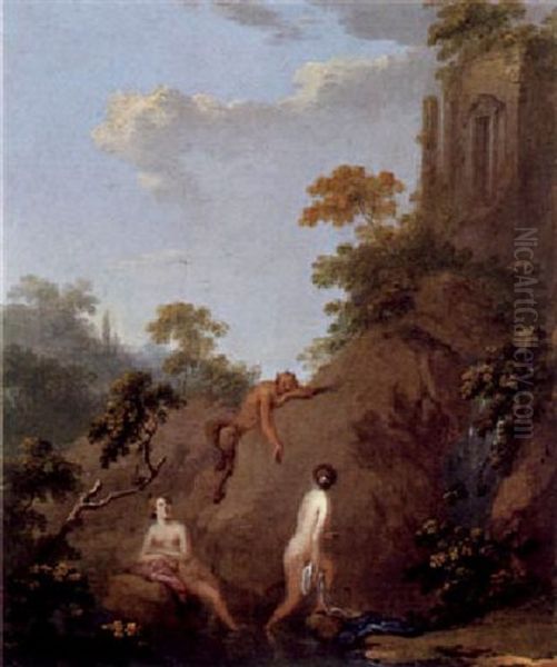 Landschaft Mit Zwei Nymphen Und Einem Satyr Oil Painting by Norbert Joseph Carl Grund