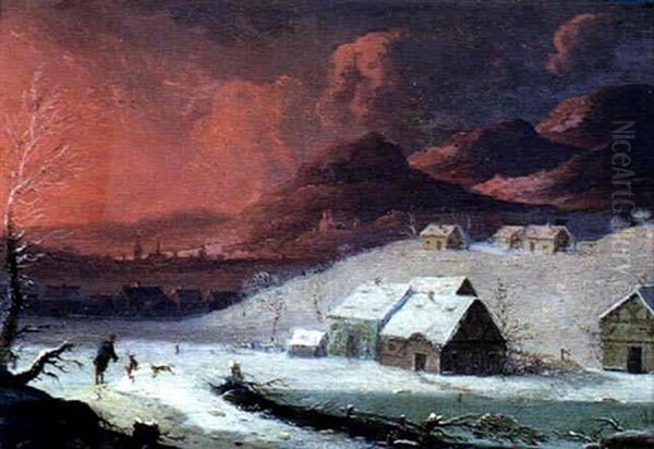 Village Sous La Neige Avec Un Paysan Jouant Avec Son Chien Oil Painting by Norbert Joseph Carl Grund