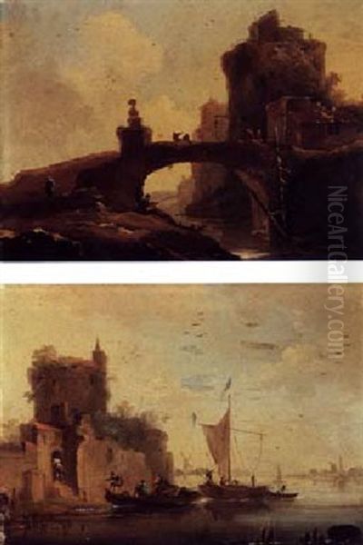 Figures Fishing Near A Bridge Oil Painting by Norbert Joseph Carl Grund