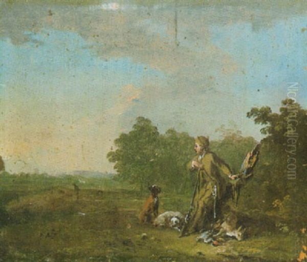 Ein Jager Miat Hunden Und Seiner Jagdbeute, Am Waldrand An Einem Baumstumpf Lehnend Oil Painting by Norbert Joseph Carl Grund