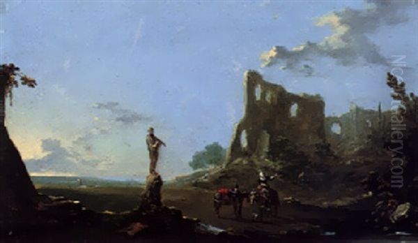 Two Travellers In A Landscape With Ruins Oil Painting by Norbert Joseph Carl Grund