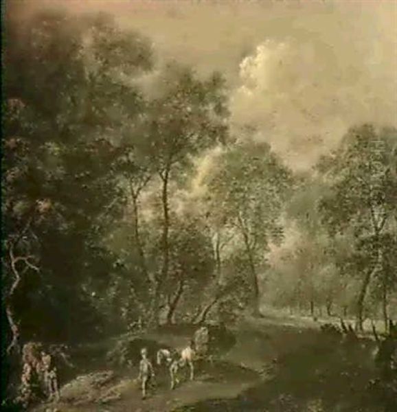 Waldlandschaft Mit Einem Pferdefuhrwerk Oil Painting by Norbert Joseph Carl Grund