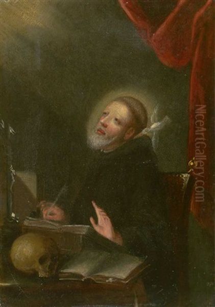 Darstellung Eines Bartigen Heiligen Monches Mit Buch, Schadel, Federkiel Und Taube Am Linken Ohr Oil Painting by Basilius Grundmann