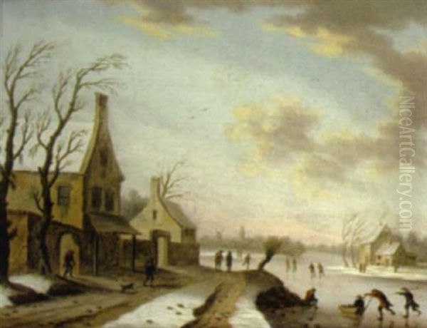 Winterlandschaft Mit Eislaufern Oil Painting by Basilius Grundmann