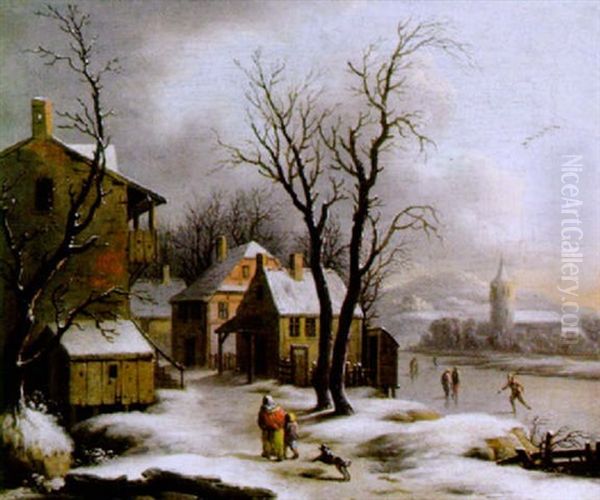 Dorf Im Winter Mit Schlittschuhlaufern Auf Einem Zugefrorenen Flus Oil Painting by Basilius Grundmann