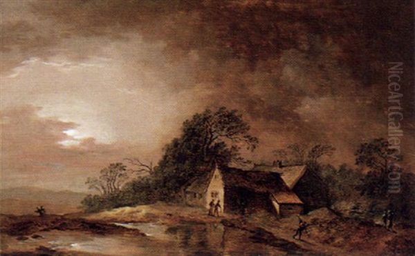 Nachtliche Fluslandschaft Mit Bauernhausern Und Figuren Bei Mondschein Oil Painting by Basilius Grundmann