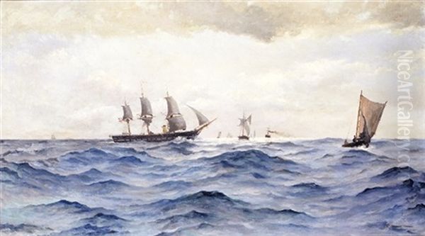 Marine Med Tremaster Og Andre Skibe Pa Oprort Hav Oil Painting by Axel Valdemar Grundtvig