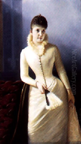 Diana Staende Med Vifte I Lys Kjole Med Fjerpryd Oil Painting by Axel Valdemar Grundtvig