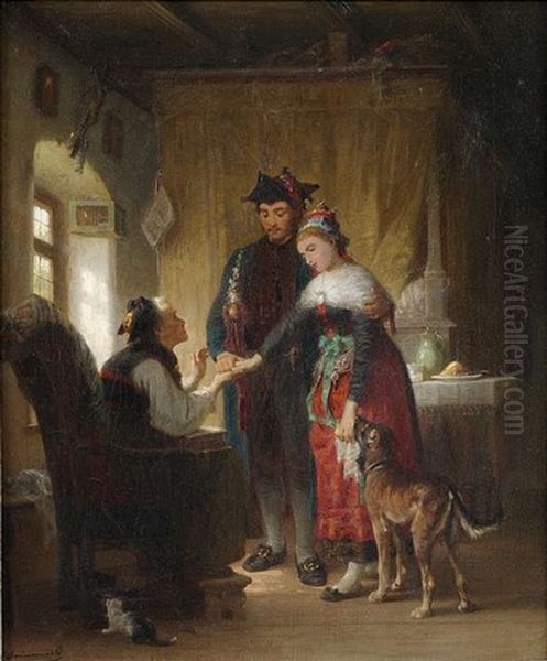 Grosmutters Segen. Im Stubeninterieur Erteilt Eine Grosmutter Einem Jungen Paar Ihre Zustimmung Zur Hochzeit Oil Painting by Jakob Gruenenwald