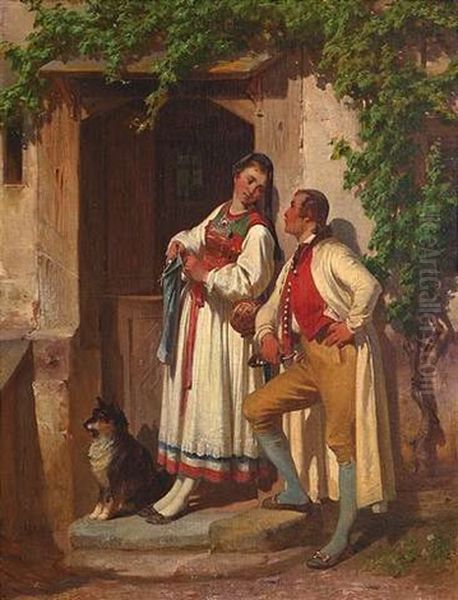 Junges Paar In Betzinger Tracht Vor Dem Hauseingang Oil Painting by Jakob Gruenenwald