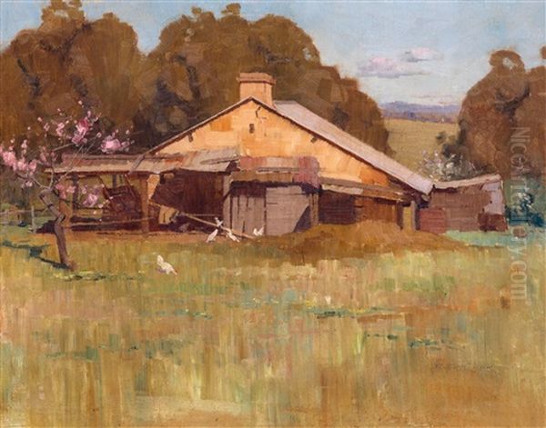 Farmyard Chicken Run Oil Painting by Elioth Gruner