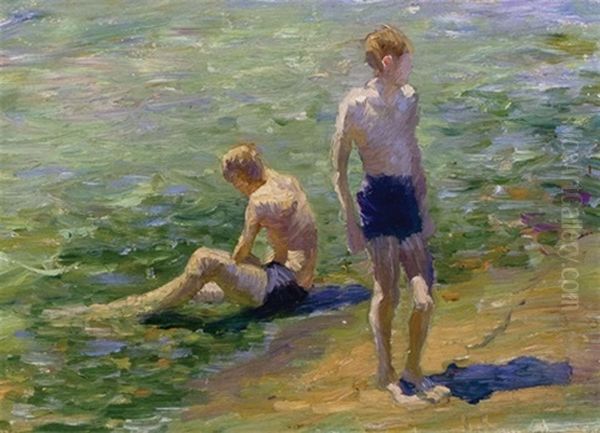 Boys On A Beach Oil Painting by Elioth Gruner