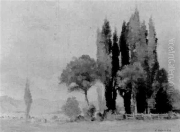 Canberra Landscape With Poplars Oil Painting by Elioth Gruner