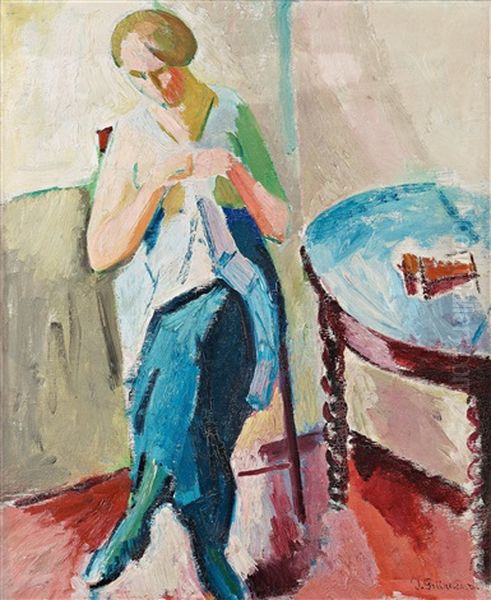 Sigrid Knitting Oil Painting by Isaac Gruenewald