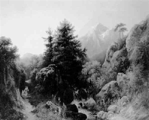 Gebirgslandschaft Mit Figurlicher Staffage Oil Painting by Ludwig Gruenfeld