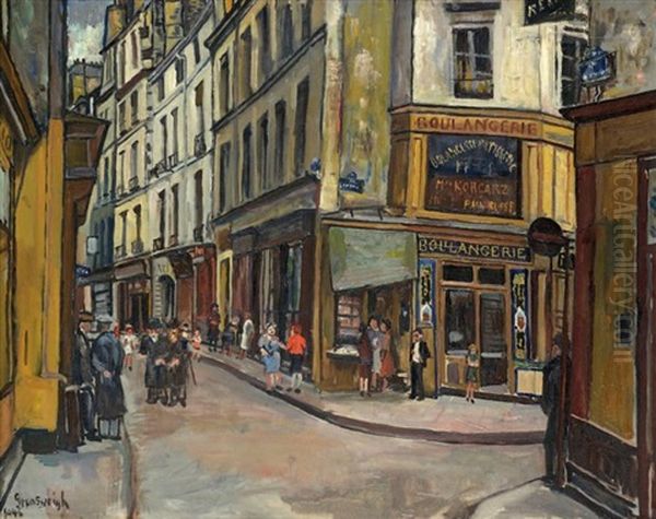 Une Rue Animee A Montmartre, Paris Oil Painting by Nathan Grunsweigh