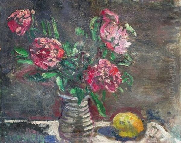 Nature Morte Au Bouquet De Fleurs Et Citron Oil Painting by Nathan Grunsweigh