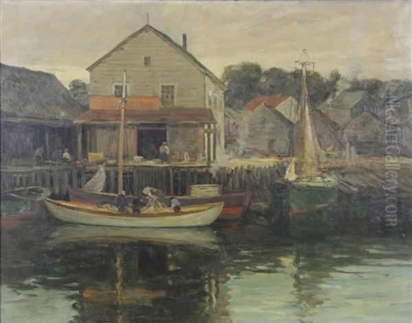 Fishermen In Harbor Oil Painting by Charles Paul Gruppe