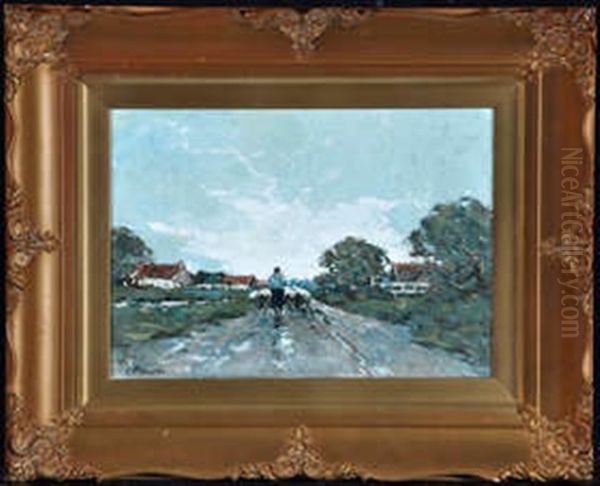 Dutch Village - A Shepherd Driving His Flock Along A Country Road Oil Painting by Charles Paul Gruppe