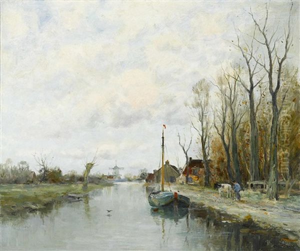 A Dutch Canal Scene Oil Painting by Charles Paul Gruppe