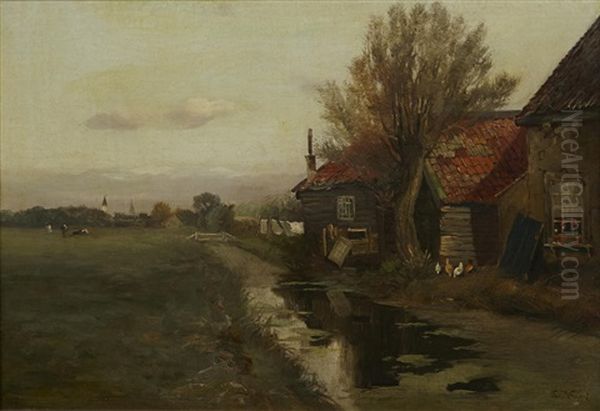 A Farmhouse By A Waterway Oil Painting by Charles Paul Gruppe