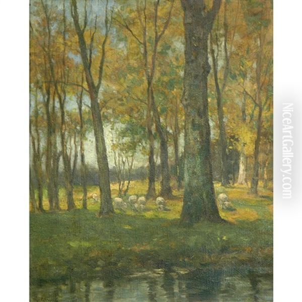 Sheep At The Edge Of The Wood Oil Painting by Charles Paul Gruppe