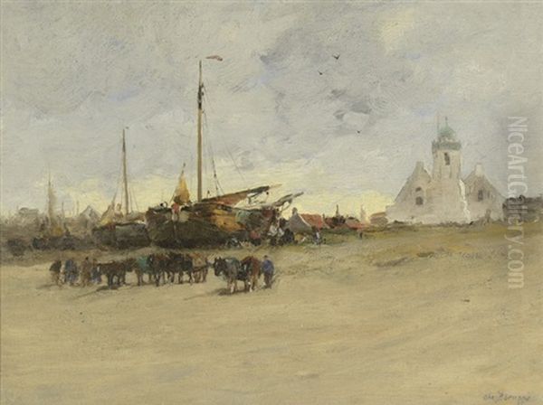 Beached Fishing Vessels With Teams Of Horses And A Lighthouse Oil Painting by Charles Paul Gruppe