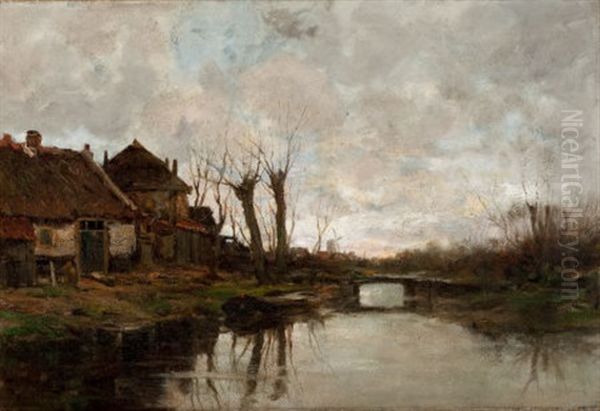 Cloudy Day Along A Dutch Canal Oil Painting by Charles Paul Gruppe