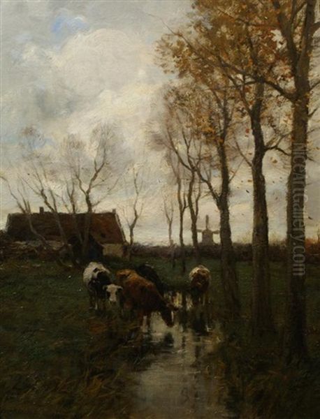 Koeien Bij Een Sloot Oil Painting by Charles Paul Gruppe