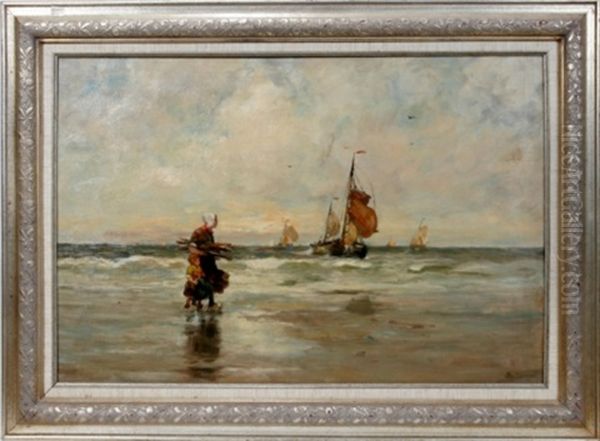 Coast With Figures & Sailboats Oil Painting by Charles Paul Gruppe