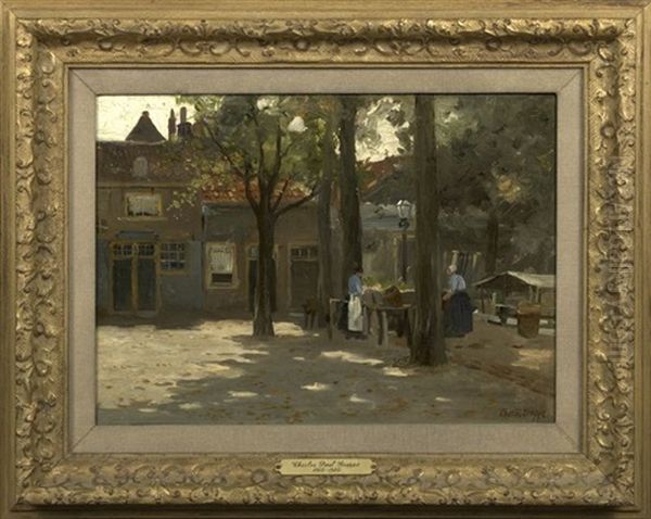 Late Afternoon View Of A Flower Market In Katwijk, Holland Oil Painting by Charles Paul Gruppe